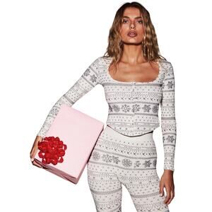 Skims Top Womens Large White Black Fair Isle‎ Cropped Long Sleeve Knit Pajama